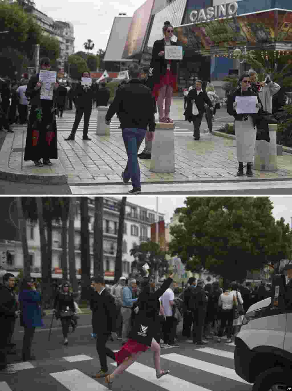 In this combo picture, 20 year-old Camille Roux, in red dress, as she is waiting and after finding a ticket for the film &#39;Once Upon a Time in Hollywood&#39;, at the 72nd international film festival, Cannes, southern France. Many movie fans with no access to the festival wait outside in a desperate hope for any spare tickets to Tarantinos&#39; film.