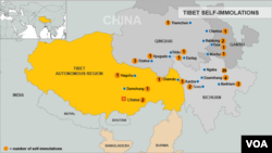 ផែនទី​បង្ហាញអំពី​ទីកន្លែង​នៅ​ទីបេ​ដែលព្រះសង្ឃ​ពីរអង្គ​​បាន​ដុតខ្លួនឯង​ ខែ​តុលា ២០១២។