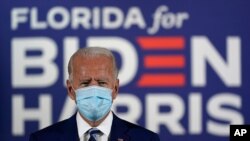 Democratic presidential candidate former Vice President Joe Biden speaks at Southwest Focal Point Community Center in, Pembroke Pines, Fla., Oct. 13, 2020. 