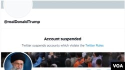 This photo collage by Voice of America shows US President Donald Trump's Twitter account, top, and Ayatollah Ali Khamenei’s apparent English account. 