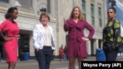 The four women who run Atlantic City casinos pose for photos on the Atlantic City N.J. Boardwalk on Sept. 21, 2020: From left, to right they are: Jacqueline Grace of Tropicana; Terry Glebocki of Ocean Casino Resort; Karie Hall of Bally's, and Melonie John of Borgata. (AP Photo)