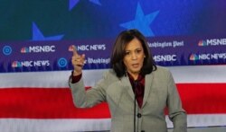 Democratic presidential candidate Senator Kamala Harris speaks during the fifth 2020 campaign debate at the Tyler Perry Studios in Atlanta, Nov. 20, 2019.