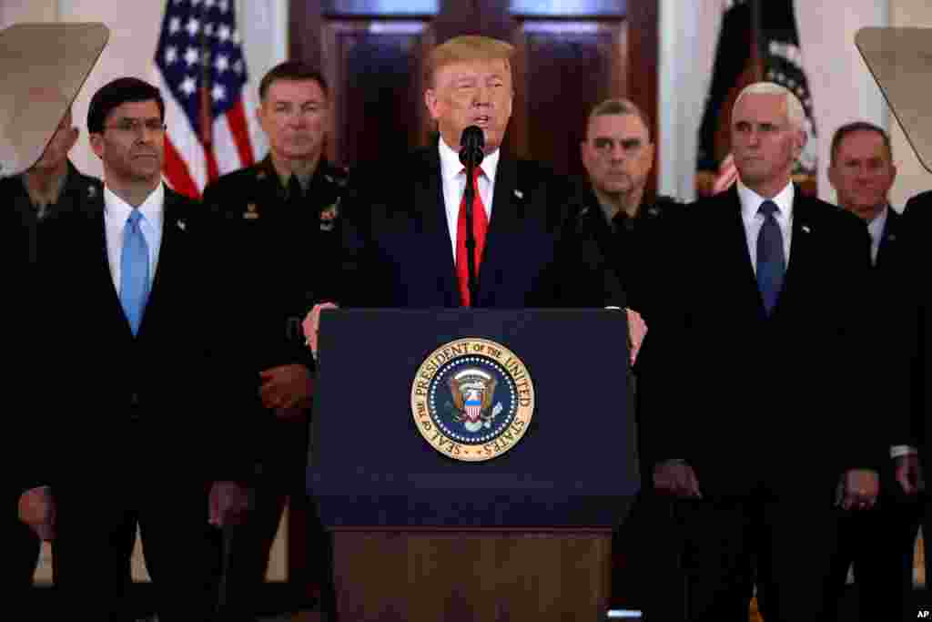 President Donald Trump addresses the nation from the White House on the ballistic missile strike that Iran launched against Iraqi air bases housing U.S. troops, Jan. 8, 2020.