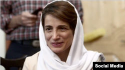 Jailed Iranian human rights lawyer Nasrin Sotoudeh, seen here in this photo shared on social media in 2018, was arrested on Oct. 29, 2023, at the funeral of Iranian teen Armita Garawand, who activists say was fatally beaten by Iran's morality police.