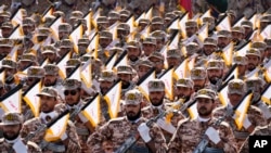 Iran's Revolutionary Guard members march during an annual military parade in Tehran, Iran, Sept. 22, 2023.