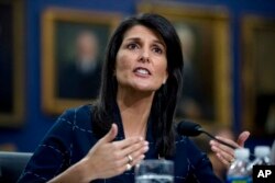 FILE - U.S. Ambassador to the U.N. Nikki Haley testifies on Capitol Hill in Washington, June 27, 2017.