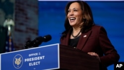 FILE - Vice President-elect Kamala Harris speaks at The Queen theater, in Wilmington, Delaware, Nov. 24, 2020.