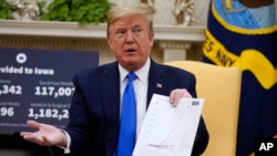 President Donald Trump speaks during a meeting with Gov. Kim Reynolds, R-Iowa, in the Oval Office of the White House, May 6, 2020, in Washington.