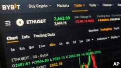 Grafik harga mata uang kripto Ethereum di situs web Bybit terlihat di layar komputer di New York, 21 Februari 2025. (Foto: Patrick Sison/AP Photo)