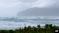 Waves break as Tropical Storm Olivia approaches Oahu, Sept. 12, 2018 in Laie, Hawaii. 