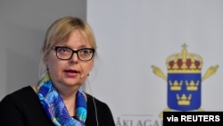 Deputy Director of Public Prosecution Eva-Marie Persson speaks during a news conference in Stockholm, Sweden, Nov. 19, 2019. (Credit: TT News Agency/ Jessica Gow)