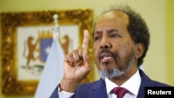 Somalia's President Hassan Sheikh Mohamud addresses the media inside his office in Mogadishu, Somalia, Feb. 21, 2024.