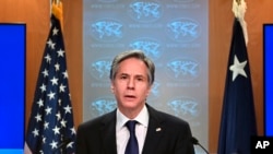 Menteri Luar Negeri Antony Blinken mempresentasikan 'Laporan 2020 tentang Praktik Hak Asasi Manusia,' di kantor Departemen Luar Negeri AS di Washington, D.C., Selasa, 30 Maret 2021. (Mandel Ngan / Pool via AP)