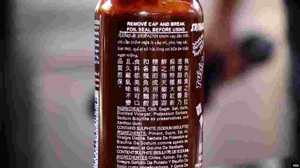 Despite its prominent Vietnamese and Chinese writing Huy Fong's Sriracha sauce is from the United States. (Z. Aung/VOA)