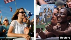 (L) Supporters listen to U.S. Republican Presidential candidate Mitt Romney during a campaign event in Michigan, June 19, 2012. (R) A member of the audience waits to have her book signed by U.S. President Barack Obama as he campaigns in Virginia, July 13,