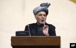 FILE - President Ashraf Ghani speaks during a joint meeting of the National Assembly in Kabul, Afghanistan, April 25, 2016. Ghani suggested last week the Taliban has become little more than a criminal enterprise.