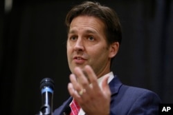 FILE - Republican Senate candidate Ben Sasse speaks in Lincoln, Nebraska, Oct. 2, 2014.