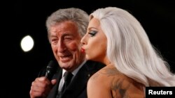 Lady Gaga and Tony Bennett performing at the 2015 Grammy Awards.