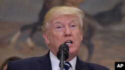 President Donald Trump speaks about the shooting of House Majority Whip Steve Scalise at a baseball practice, June 15, 2017, in the Roosevelt Room of the White House in Washington.