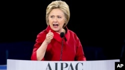Democratic presidential candidate Hillary Clinton speaks at the 2016 American Israel Public Affairs Committee (AIPAC) Policy Conference, March 21, 2016, at the Verizon Center in Washington.