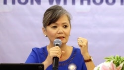 Vice President of the Cambodia National Rescue Party (CNRP), Mu Sochua speaks at a press conference in Jakarta, Indonesia.