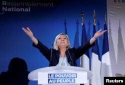 French far-right National Rally (Rassemblement National) party leader Marine Le Pen attends a meeting in Saint-Paul-du-Bois, France, Feb. 17, 2019.