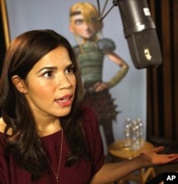 America Ferrera (Astrid) in the recording studio at DreamWorks Animation