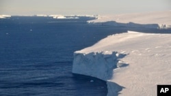 This 2020 photo provided by the British Antarctic Survey shows the Thwaites glacier in Antarctica.