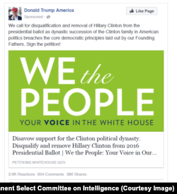 As part of the House Permanent Select Committee on Intelligence’s open hearing with social media companies on Wednesday, the HPSCI Minority entered into the record as exhibits a representative sampling of advertisements and other content that Facebook, including Instagram, and Twitter have tied to Russian actors and turned over to the committee. Here is an example.