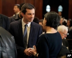 FILE - Democratic presidential candidate Pete Buttigieg is pictured prior to his speech at the City Club of Chicago, May 16, 2019, in Chicago.