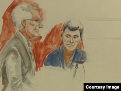 Fazliddin Qurbonov, o'ngda, advokati Charlz Piterson bilan - sud jarayoni tasvirlangan chizgi