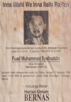 Kabar duka cita meninggalnya Udin di media tempatnya bekerja.