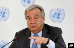 FILE - U.N. Secretary-General Antonio Guterres speaks during a press conference in Nairobi, Kenya, March 8, 2017.