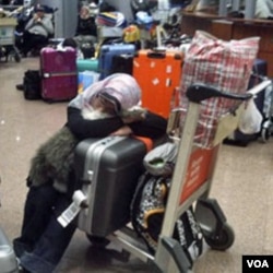 Seorang warga asing menunggu penerbangan di bandara Kairo. Beberapa negara mulai melakukan evakuasi warganya keluar dari Mesir.