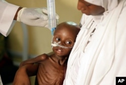 FILE - A doctor feeds a malnourished child at a feeding center run by Doctors Without Borders in Maiduguri, Nigeria, Aug. 29, 2016.