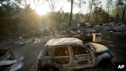 A vehicle scorched by a wildfire rests in a clearing on Wolf Creek Road near Clearlake Oaks, California, June 24, 2018.
