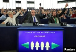 Members of the European Parliament vote in favor of the Paris climate change agreement during a voting session at the European Parliament in Strasbourg, Oct. 4, 2016.