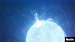 This image from video animation provided by NASA in November 2020 depicts a powerful X-ray burst erupting from a magnetar – a supermagnetized version of a stellar remnant known as a neutron star. (Chris Smith (USRA)/NASA/Goddard Space Flight Center via AP)