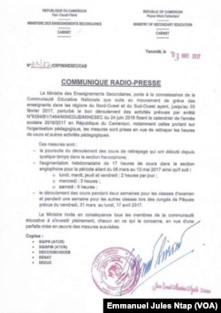 Le communiqué du ministère des enseignements secondaires du Cameroun