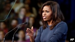 First lady Michelle Obama speaks during a campaign rally for Democratic presidential candidate Hillary Clinton in Manchester, New Hampshire, Oct. 13, 2016.