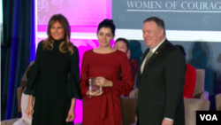 Melania Trump and Mike Popmeo with Armenian journalist Lucy Kocharyan - 2020 Women of Courage winner