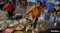 ARSIP - Seorang pedagang membawa sekeranjang ikan segar di pasar makanan laut di Quanzhou, provinsi Fujian (foto: REUTERS/Stringer)