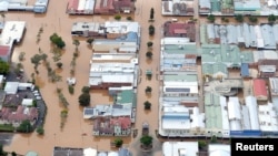 Floodwaters can be seen in the center of the northern New South Wales town of Lismore, Australia, March 31, 2017, after heavy rains associated with Cyclone Debbie swelled rivers to record heights across the region.