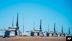 In this photo released by Australian Department of Defense, United States Marine Corps MV-22B Osprey tiltrotor aircraft are parked at RAAF Base Darwin, Australia, Aug. 11, 2023, during Exercise Alon at the Indo-Pacific Endeavour 2023. 