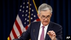 Federal Reserve Board Chair Jerome Powell speaks at a news conference following a two-day meeting of the Federal Open Market Committee, May 1, 2019, in Washington.