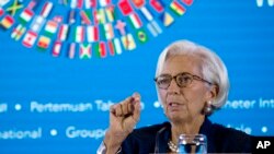 Managing Director of International Monetary Fund (IMF) Christine Lagarde talks during a press conference ahead of the annual meetings of the IMF and World Bank in Bali, Indonesia, Oct. 11, 2018. 