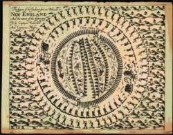 This 1638 woodcut shows the English, Mohegan and Narragansett attack and torching in 1637 of a Pequot village at Missituck which left 400 Pequot men, women and children dead, many of them burned to death.