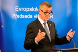 FILE - Czech Republic's Prime Minister Andrej Babis makes a statement during a media videoconference at an EU summit in Brussels, Belgium, July 20, 2020.