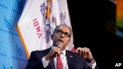 FILE - Republican presidential candidate Will Hurd speaks at the Iowa Faith and Freedom Coalition's banquet, Sept. 16, 2023, in Des Moines, Iowa. Hurd has suspended his Republican presidential bid