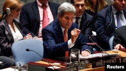 지난 19일 미국 뉴욕 유엔 본부에서 열린 유엔안보리 회의에서 존 케리 미국 국무장관이 발언하고 있다. (자료사진)